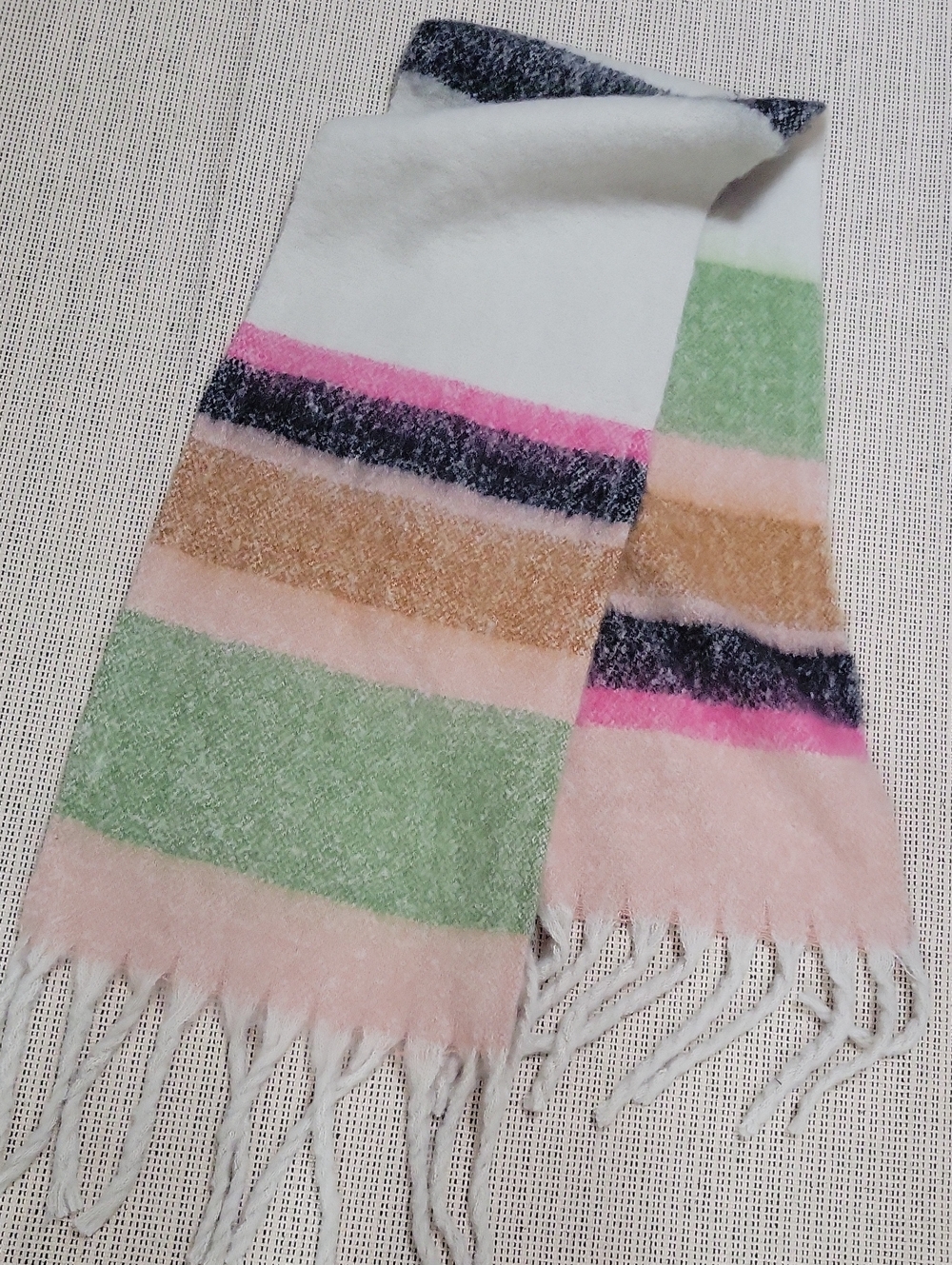 Cozy Pastel Block Fringe Scarf in White, Pink, Green, Tan